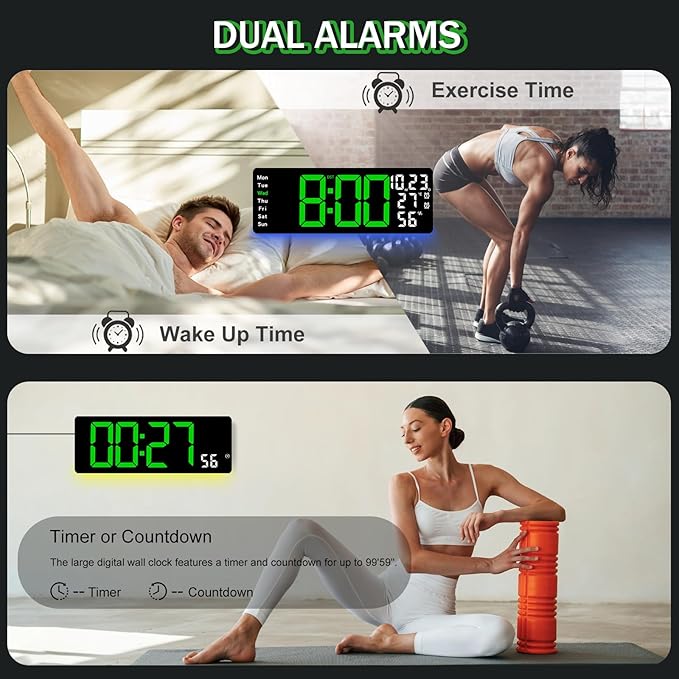 JoFomp 17.3" Large Digital Wall Clock, LED Digital Clock Large Display with Remote Control, Alarm Clock with Temp/DST/Dimmer/Humidity/Timer/Ambient Light - 12/24H, Alarm Wall Clock for Bedroom