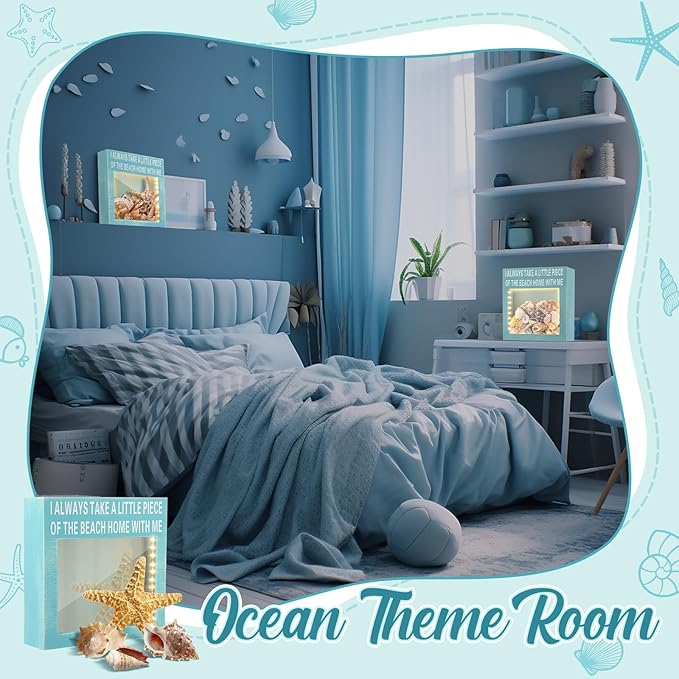 Juexica Seashell Holder with Light Display Box Room Decor Ocean Themed Gifts for Christmas Display Case Sea Shells Beach Coastal Decor Acrylic Wall Hanging (Blue,Beach)