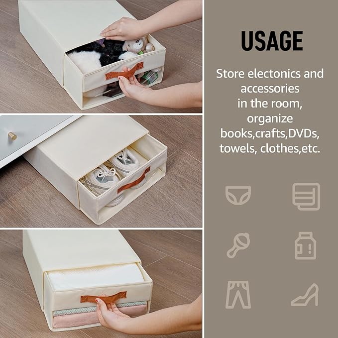 Closet Organizers and Storage Bins, Stackable Storage Drawers, Fabric Organizer Bins with Drawers,Stackable Closet Bins with Clear Window for Bedroom, Shelf,Room15.7"x 12.6"x 6.7"(Beige)