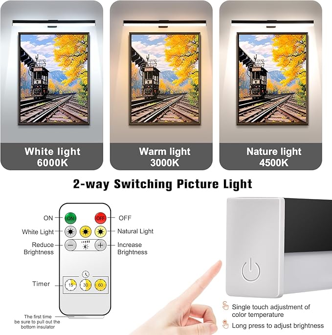 Wireless Picture Lights, 22inch Rechargeable Battery Operated Art Display Light with Remote Control, Over Mirror Magnet Vanity Lighting for Picture Frame Bathroom