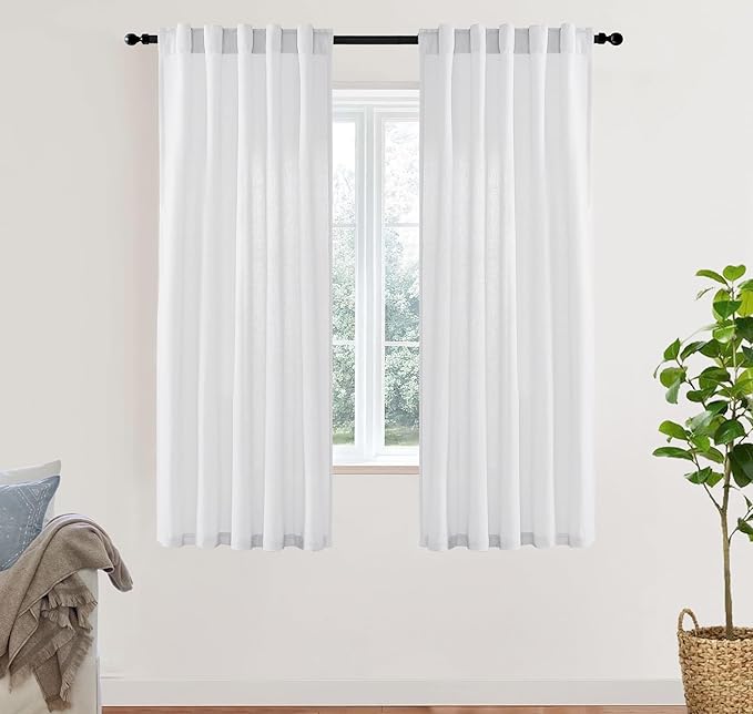 XTMYI White Sheer Curtains 68 Inches Long for Bedroom Living Room Dining Room,Linen Cotton Privacy Curtains for Kitchen Bathroom,40x68 Inch Length 2 Panels Set