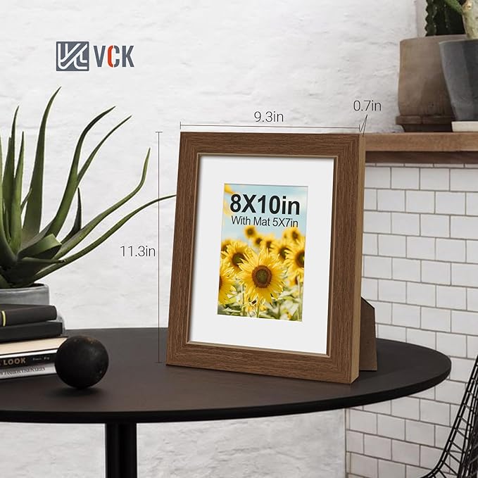 VCK 8x10 Picture Frame 5 Pack - Brown, High-End Wood Poster Frames with Tempered Glass, Display 5x7 Photo with Mat or 8x10 without Mat, Art Gallery-Quality, Wall Hanging/Tabletop, Brown