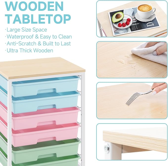 Rolling Cart with Drawers,Utility Cart with 6 Drawers,Rolling Storage Cart with Drawers and Wooden Tabletop & Lockable Wheel,Colorful