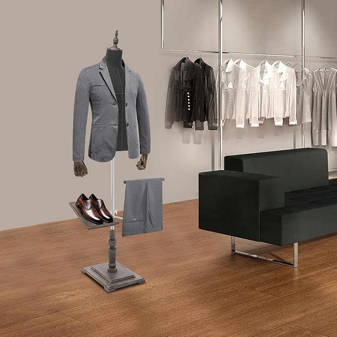 Male Clothing Display Racks, Height Adjustable Clothing Store Clothing Props with Stand and Solid Wood Arm, Male Mannequin Torso for Market Shop Window Display (Dark Grey)
