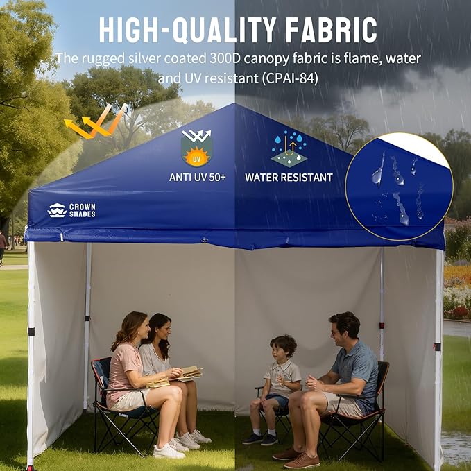 CROWN SHADES 10X10 Comercial Instant Canopy Pop Up Tent with Center Lock, 300D Fabric, 4 Sidewalls, Sto'N Go Bag, Navy Blue