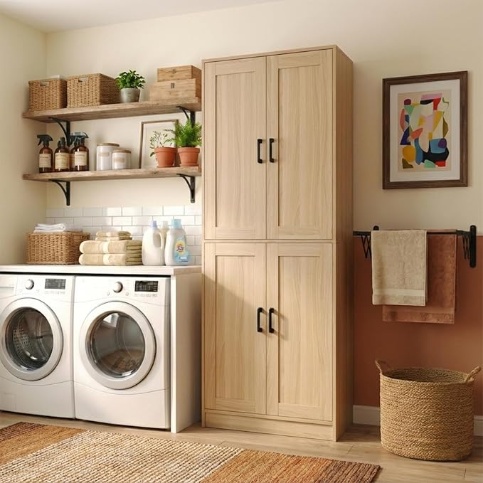 71" Tall Kitchen Pantry Cabinet, Freestanding Food Storage Organizer with Doors & Adjustable Shelves, Large Utility Hutch Cupboard for Dining Room, Living Room, Bathroom & Home Office, Oak