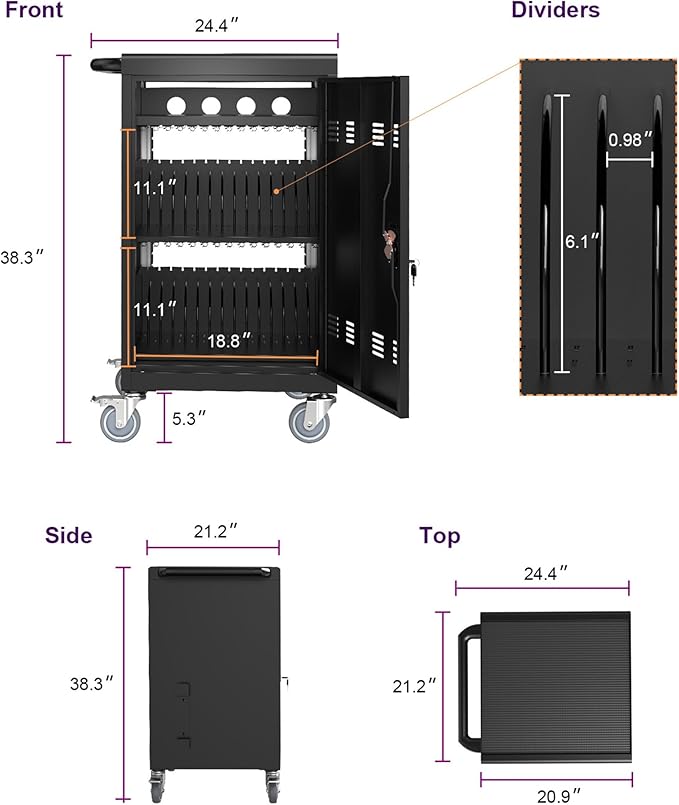 Laptop and Tablet Charging Cart, 35 Unit Device Mobile Charging Station for Chromebook, Tablet, Laptop, with Charging Port Screen Size Up to 16.3", Suitable for Office, Classroom, etc (Black)