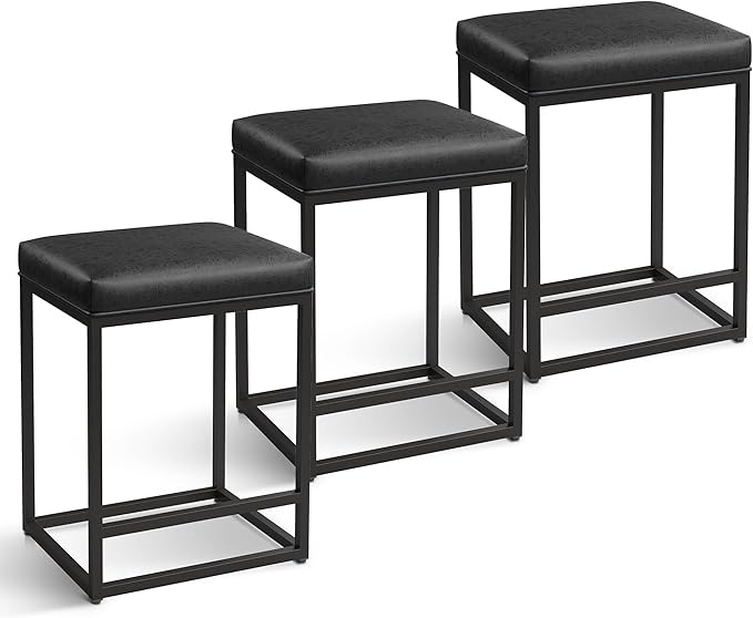 MAISON ARTS Black Counter Height 24" Bar Stools Set of 3 for Kitchen Counter Backless Modern Square Bartools Upholstered Faux Leather Stools Farmhouse Island Chairs, (24 Inch,Black)