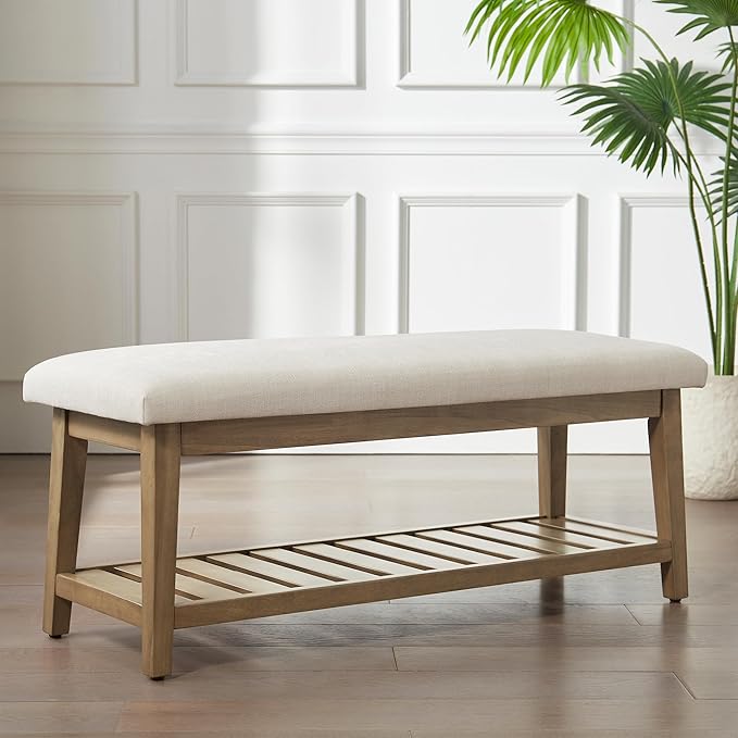 Entryway Bench, Chenille Upholstered Shoe Benches for Bedroom, Ottoman Bench with Solid Wood Shelf, Storage Benches for Hallway, Living Room(Beige)