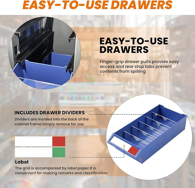 100 Drawer Nut and Bolt Organizer, 21" L X 9" W X 25" H Part Cabinet Bolt and Nut Tool Storage, SPCC Material Bolt Organizer Storage with Shelf and Label for Shop (40 Drawers)