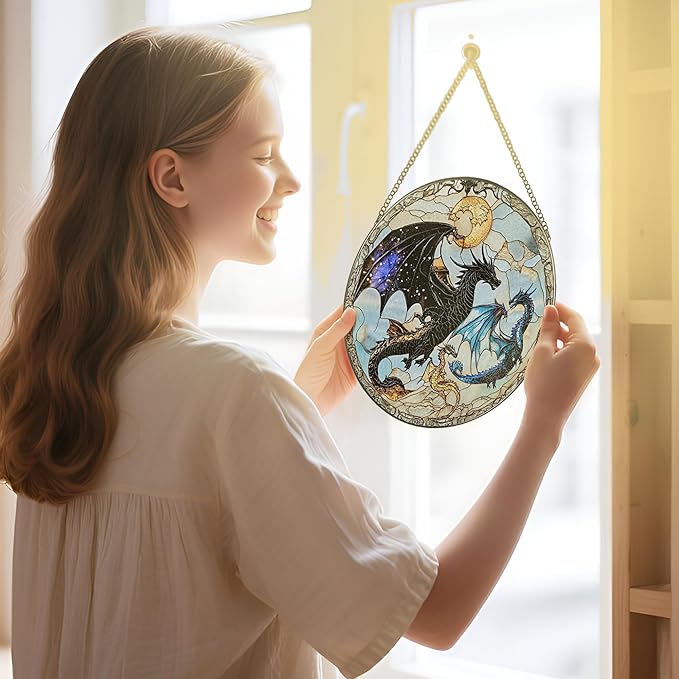 Dragon Stained Glass Window Hanging, 8 Inch Sun Catchers Indoor Window, Suncatchers for Windows Hanging, Home Decor and Christmas, Holiday, Mother's Day, Father's Day, Birthday Gifts for Women, Men