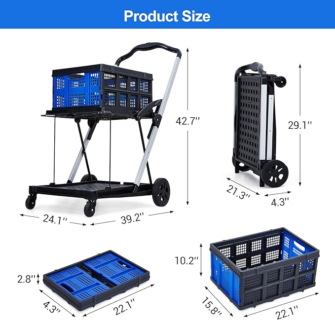 2-Tier Collapsible Shopping Cart, Foldable Grocery Cart with 198 lb Capacity, Wheels & Removable Crate, Portable Utility Trolley for Home, Groceries, Supermarket, Mall, Market, Blue