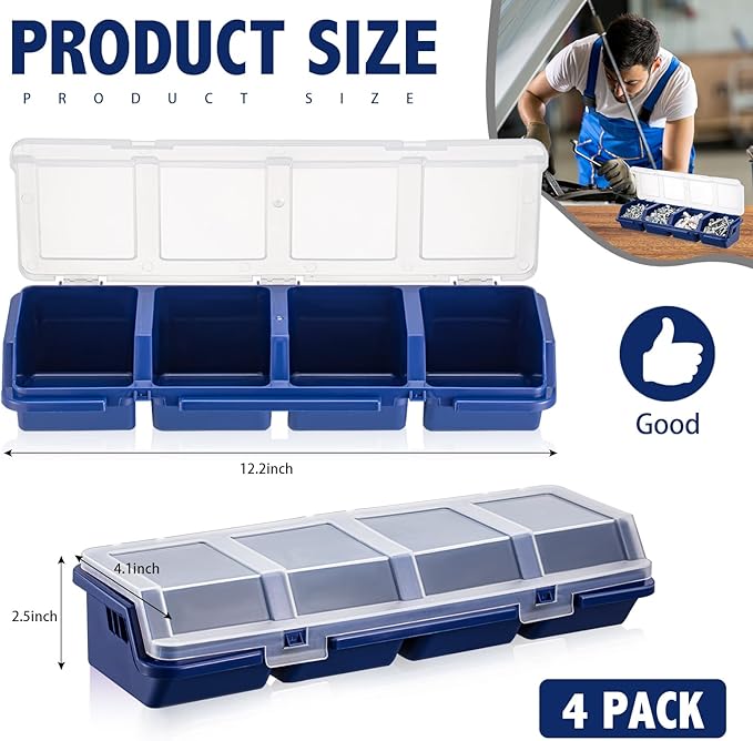 Hushee 4 Pcs Screw Organizer Box with Lid 4 Compartments Tool Bin Divider Plastic Stackable Hardware Organizer Small Part Storage Sorting Screw Box for Garage Workbench Craft Storage (Blue)
