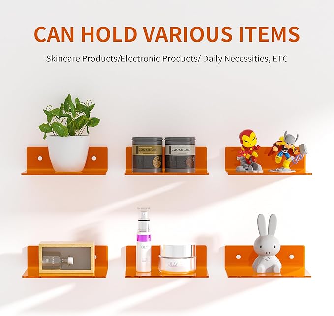 9 Inch Orange Wall Shelves, Acrylic Wall Mounting Ledges Display, Acrylic Display Wall Shelf for Funko Pop Figures, Collectibles, Plants, Décor, Toiletries, Spices, 2 Pack