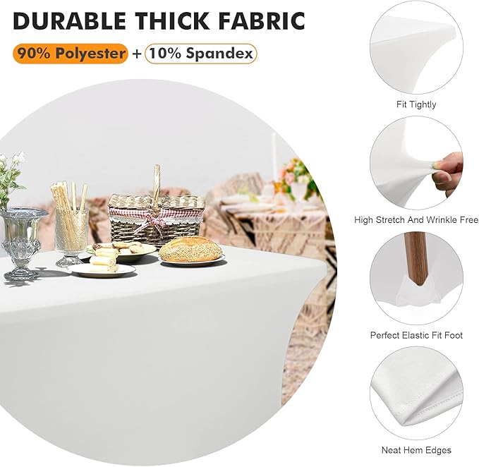 SEPARO Spandex Table Cover 2 Pack 6FT White Fitted Tablecloths,Washable Wrinkle Resistant Stretch Table Cloth Rectangle for Party Hosting Supplies,Wedding Decorations,Vendor Display,Banquet