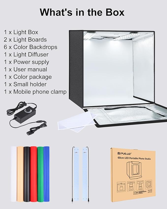 PULUZ Light Box Photography, 24x24 inch Large Photo Light Box with 120 LED Beads, CRI >95, Professional Portable Photo Booth Shooting Tent Kit with 6 Color Backdrops for Product Photography