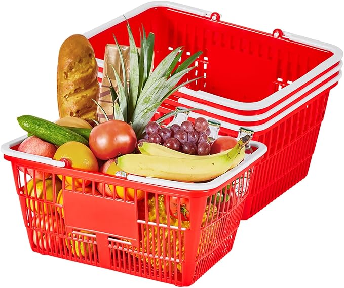 VEVOR Shopping Baskets, 4 PCS, 21L Stackable PE Plastic Grocery Baskets with Handles, Dense Mesh Structure, Holds up to 20 lbs, Portable for Grocery, Retail, Stores, Supermarket, Home Use, Red