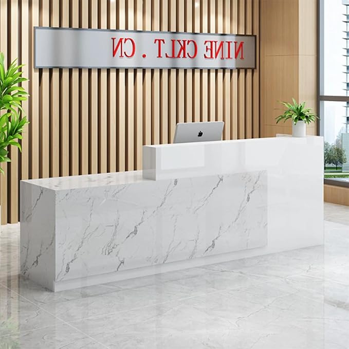 PLMOKN Wood Reception Desk Marble Stone with Checkout Retail Counter L Shaped Modern Mostrador para Negocio Office Desk Closed Front with Storage Drawers for Barber,Salon,Clothing Store