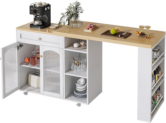 LYNCOHOME Rolling Kitchen Island with 360° Rotating Tabletop, Mobile Lockable Wheels & Adjustable Shelves, Multifunctional Storage Cart for Kitchen & Dining（White）