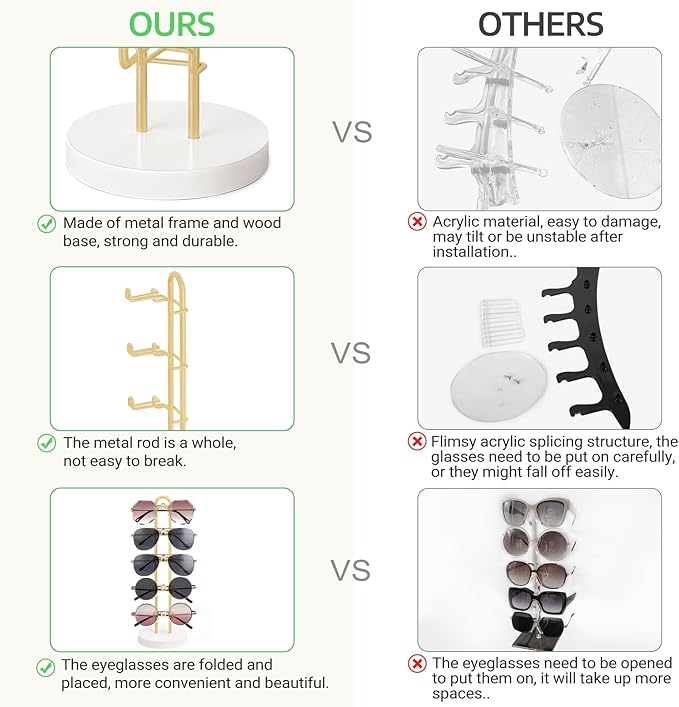 Mkono Sunglasses Organizer Glasses Holder Stand Sunglass Storage Eyeglasses Rack Metal Frame with Wood Base for 5 Pairs of Eyewear Display for Table Desk Countertop Dresser Bedroom, Set of 1, Gold