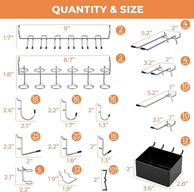 INCLY 278PCS Pegboard Accessories Organizer Kit, Peg Board Hooks Assortment with Bins for Organizing Various Tools, Fit 1/8 or 1/4 inch Pegboard for Hanging Storage, Garage Wall Attachments