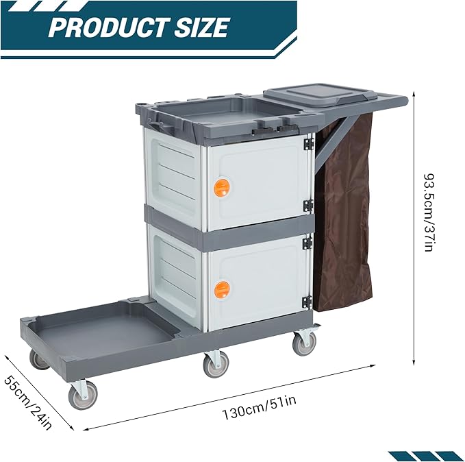 Heavy-Duty Commercial Janitorial Cleaning Cart with 2 Cabinets, 3 Shelves, Vinyl Bag, and Wheels for Housekeeping in Hotels, Schools, and Apartments