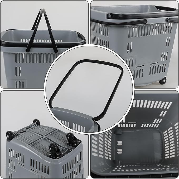 50 L Plastic Shopping Basket with Wheels, 4 Pcs Plastic Rolling Shopping Basket with Handle, Gray