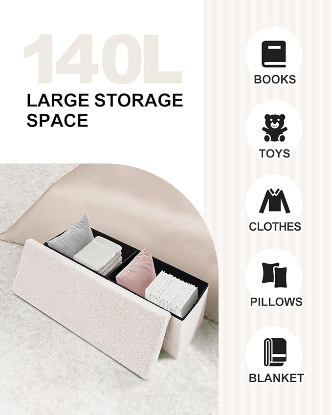 B FSOBEIIALEO Small Storage Ottoman Cube Sherpa Ottomans Foot Rest, Foldable Boucle Ottoman Bench, Faux Teddy Fur, Cream White 43.3"x15"x15"