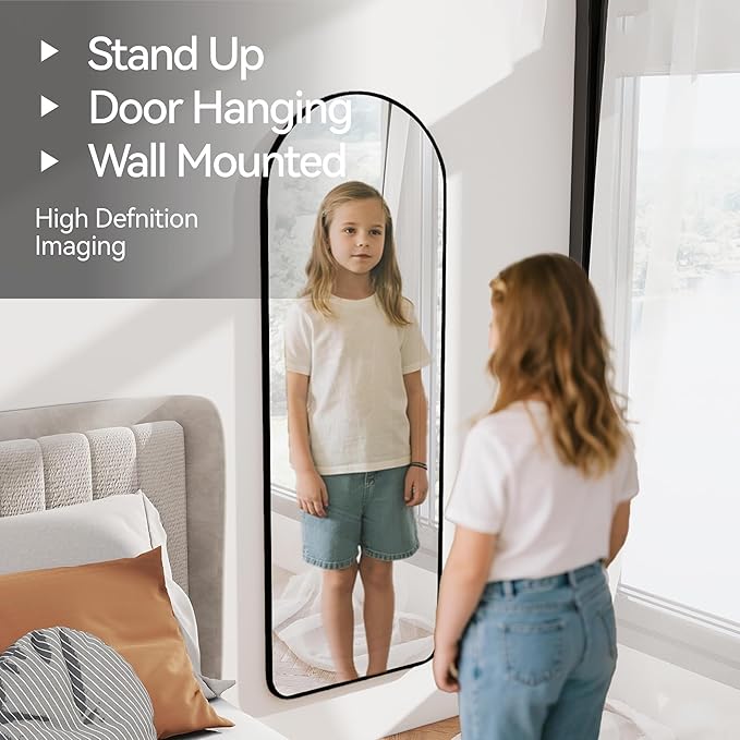 57x20 Door Hanging Full Length Mirror, Floor (Height 5.7ft just Body in1.3ft) Wall Mounted Metal Frame Arch Dressing Mirrors for Bedroom Bathroom Living Room 57 inch Black