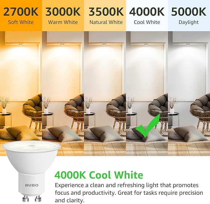 BUBO GU10 LED Bulb 6W Equivalent 50W, 4000K Cool White 650 Lumens, Non-Dimmable GU10 Bulb Replacement for Track Lighting, MR16 LED Bulb for Kitchen, Range Hood, Living Room, Bedroom, 10 Pack