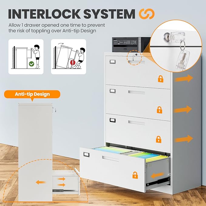 4 Drawer File Cabinets for Home Office, Metal Filing Cabinet with Lock, White Locking File Caninet Four Drawer, Office Storage Caninets Steel Cabnet for Letter/Legal/A4/F4-Assembly Required