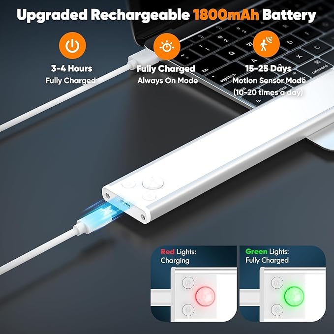 5-Pack Under Cabinet Lighting, 1800mAH Rechargeable Battery Operated Motion Sensor Lights Indoor with 3 Color Temperature, Dimmable Wireless Magnetic Under Counter Closet Lights for Kitchen, Stairs