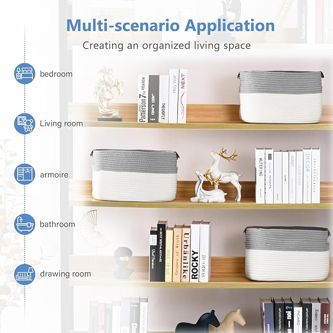 Cotton Rope Storage Baskets,15x10x9 in,Foldable Storage Bins, Decorative Woven Basket Cube Storage Organizer for Laundry, Towel, Clothes (White/Grey-2Pack, 15x10x9 inches)