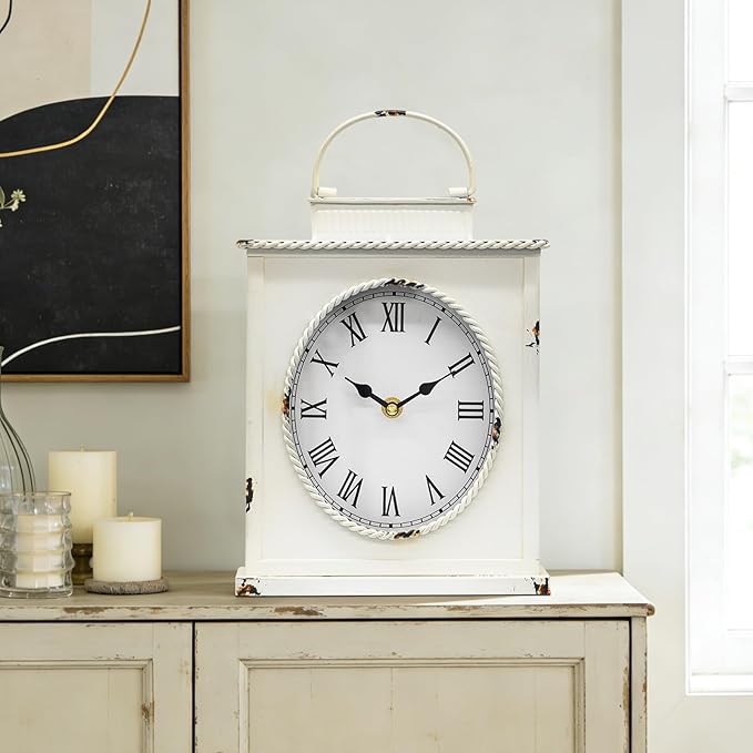 MODE HOME Vintage Mantel Clock with Distressed Finish, Antique Style Battery Operated Metal Decorative Table & Mantel Clock for Living Room Fireplace, Large Decorative Desk & Shelf Clocks for Home