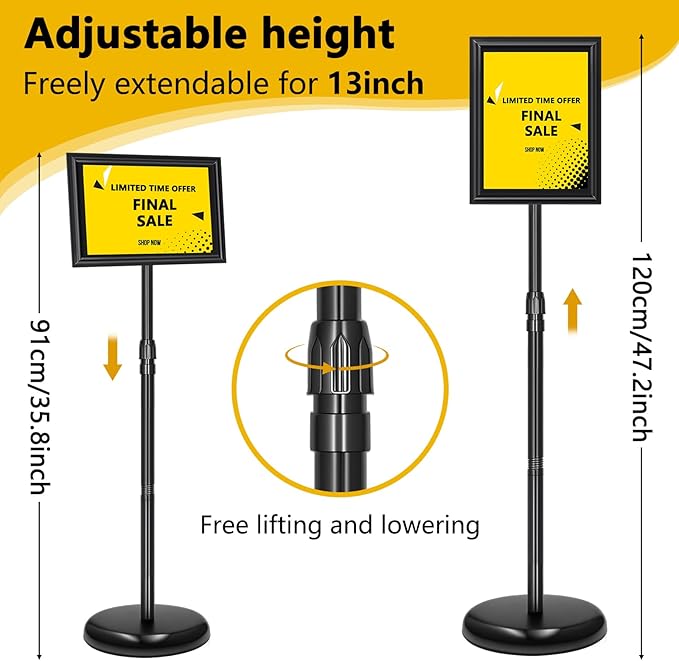 2 Pack Sign Holder Stand 8.5x11 Inch, Adjustable Sign Stand, Floor Standing Sign Holder, Snap-Open Frame Display, 360° Rotation Outdoor Indoor Poster or chalk board Display for advertising,Malls,Black