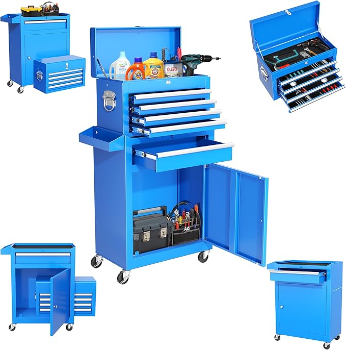 INTERGREAT Blue Tool Chest, 5-Drawer Rolling Tool Chest with Detachable Top Tool Box, Tool Chests with Universal Lockable Wheels, Metal Tool Cart for Garage, Workshop, Barbershop