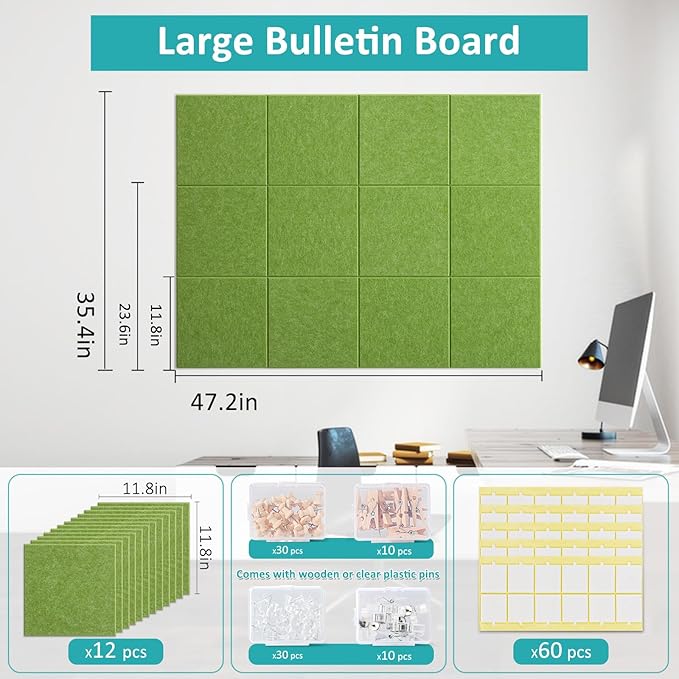 Large Bulletin Board 48" x 36" - 12 Pack Felt Wall Tiles with 60 Pcs Safe Removable Adhesive Tabs & 40 Pcs Pushpins, Cork Board for Office, School & Dart Wall Protector - Sage Green