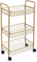 3 Tier Mesh Rolling Utility Cart, Gold Metal Organization Cart with Lockable Wheels, Multifunctional Storage Trolley Service Cart for Kitchen Living Room Office Salon