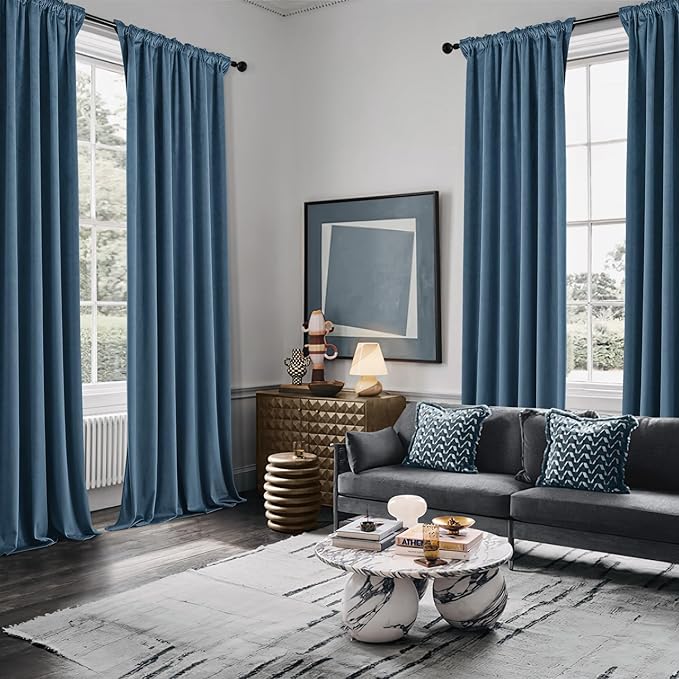 MIULEE Velvet Curtains 96 Inches Long 2 Panels Set for Bedroom, Pinch Pleat Back Tab Thermal Insulated Living Room Darkening Drapes Pleated Blackout Floor to Ceiling Curtains with Hooks, Dark Slate
