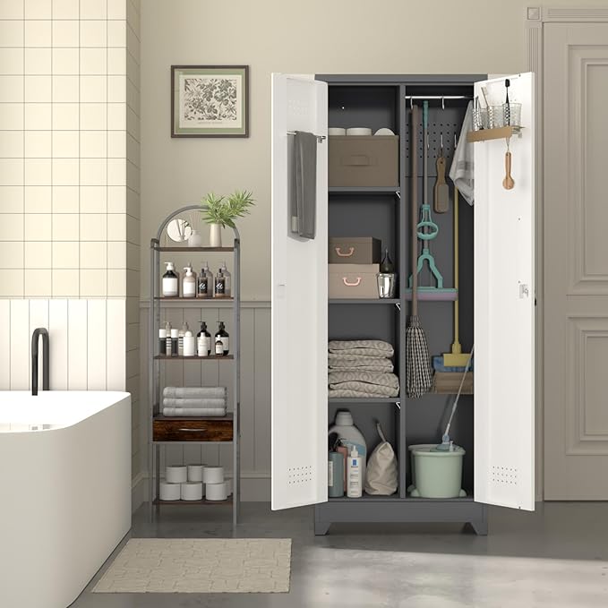 LUCYPAL Metal Garage Storage Cabinet,Broom Closet Storage Cabinet with Locking Doors and Shelves,Cleaning Tool Cabinets with Hanging Rods for Kitchen,Garage,White&Grey 65" H