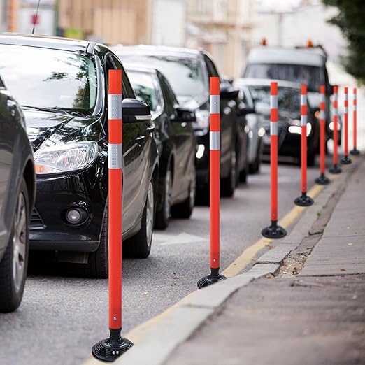 8 Pack Traffic Delineator Post Cones, High Visibility 3M Reflective Tapes, Flexible Spring Post with Detachable Base, for Highway Road Safety, Garage, Parking Lot (Orange, 48")