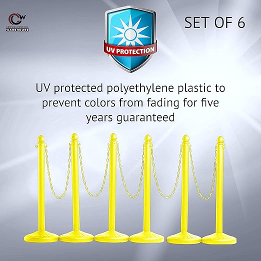 Montour Line Plastic Stanchion Yellow 2.5 Inch Diameter with 50 Foot Chain, 6-Pack, Crowd Control Barriers