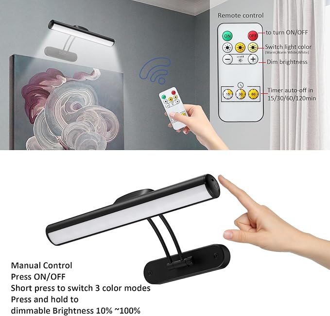 MIOBLUE Wireless Picture Light with Remote, Rechargeable Battery Art Display Light with Remote Control, Dimmable/Timer Off Painting Light, 3 Lighting Modes Full Metal Dartboard Lights (Silver-1Pack)
