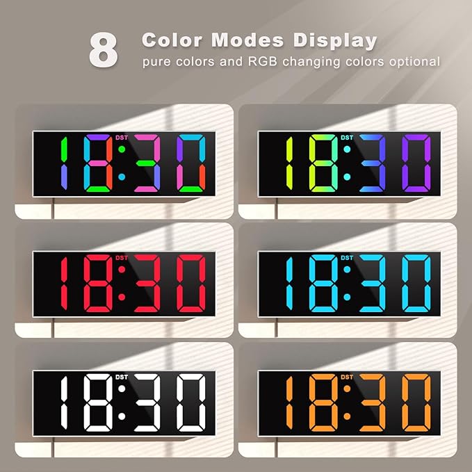 JALL 12'' Large Digital Wall Clock, Big LED Number Dispaly, RGB Colors, DST, Night Light for Classroom Living Room Bedroom Mounted Birthday Xmas Gift for Senior, Mem Womem (A White Shell, 12 inches)