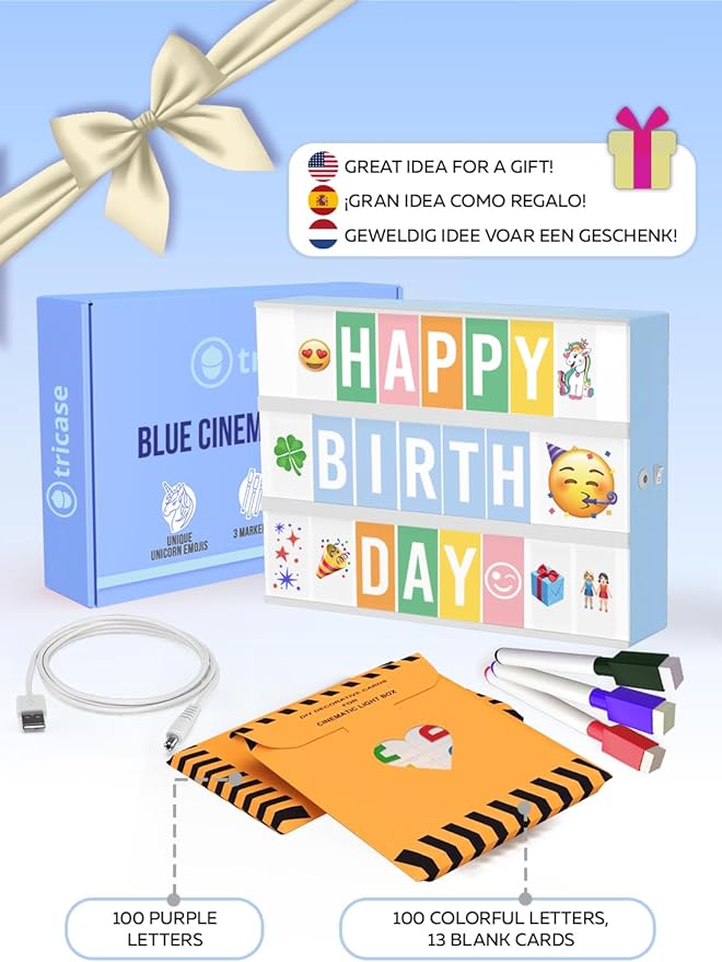 Blue Cinema Light Box with 312 Letters, Emojis & 3 Markers - Led Light Box Sign for Home & Blue Bedroom Decor for Girls - Light Up Letter Board - Best Gift Idea for Girls on Birthday