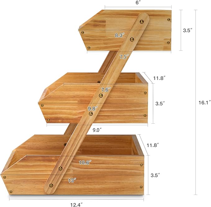 G.a HOMEFAVOR Wooden 3 Tier Fruit Basket, Brown, Pine Wood, Sturdy, Self-assembly