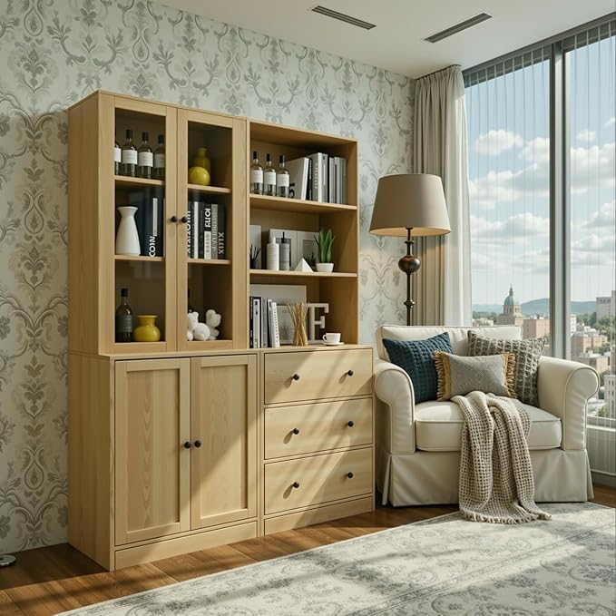 TUSY 71" H Bookshelf Bookcase with Doors, 3-Tier Modern Bookshelves with 3 Large Drawer, Display Bookcase with Glass Doors, Modern 5-Tier Curio Cabinet for Home Office, Dining Room (Wood, AB)