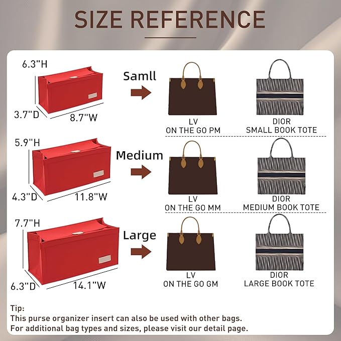 Doxo Purse Organizer Insert, Felt Tote Organizer with Zipper, Bag Insert Organizer Perfect for Lv Onthego MM 35 & D Medium Book Tote Bag (Red-With Cover)