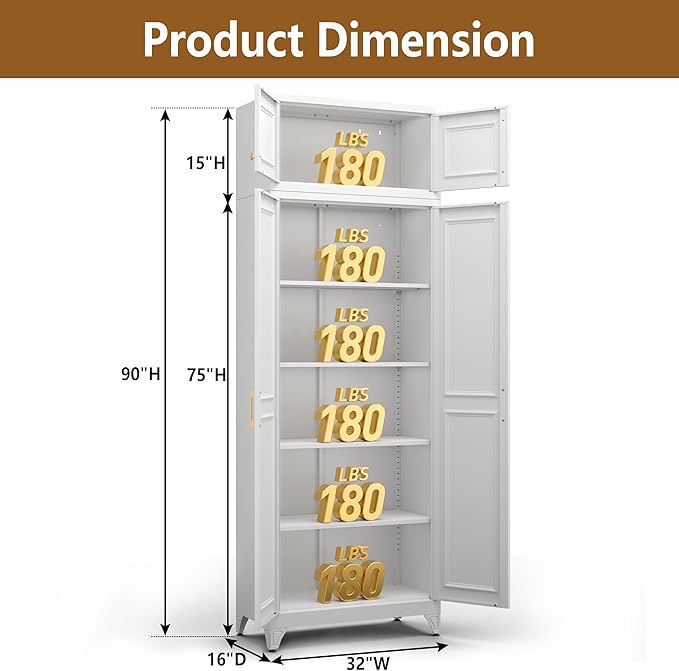 Kitchen Pantry Cabinet, 90" Tall Metal Storage Cabinet, Food Pantry cabinets with Doors and Shelves, Storage Cabinets for Living Room, Dining, White,16" D x 32" W x 90" H, Assembly Required