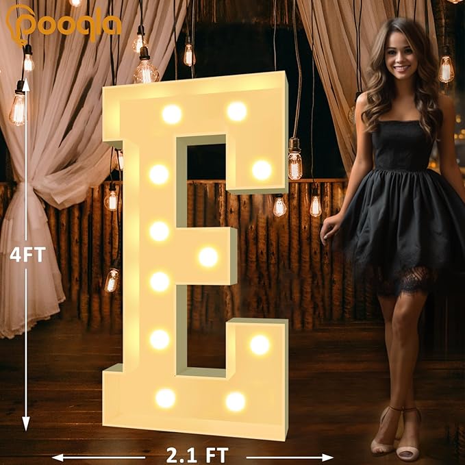 Pooqla 4 FT Marquee Light Up Letters, Cool White and Warm White Marquee Letter 4 Feet Tall, Giant LED Sign Big Mosaic Letter E for Balloons Birthday Party Anniversary Wedding Decorations